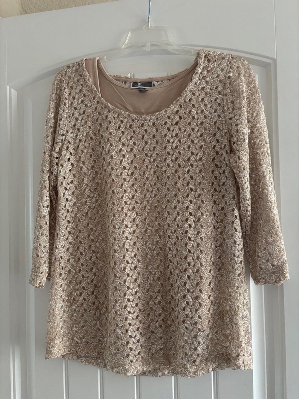 JM Collection Light Beige Crochet Lace Overlay Top